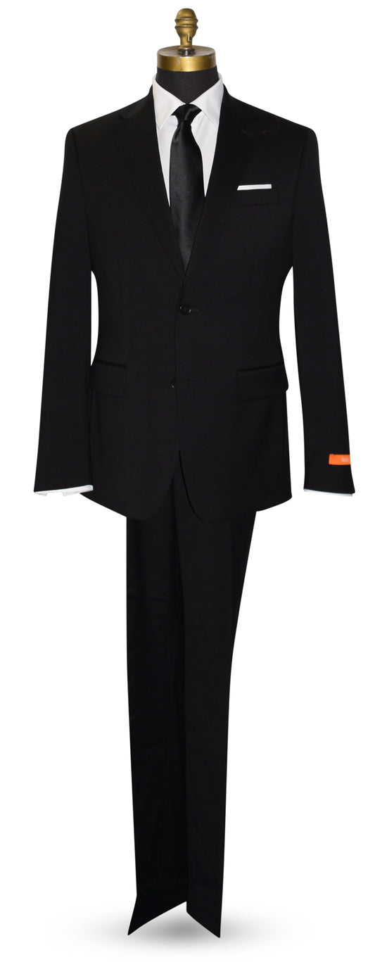 life size mannequin wearing a men's black Talia slim fit suit with a long black satin necktie against a white background