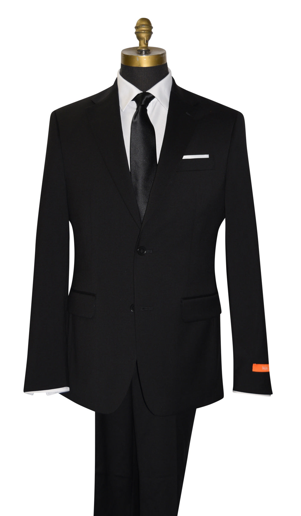close-up mannequin wearing a men's black Talia slim fit suit with a long black satin necktie against a white background