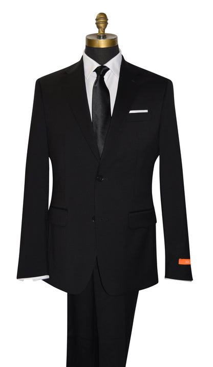 close-up mannequin wearing a men's black Talia slim fit suit with a long black satin necktie against a white background
