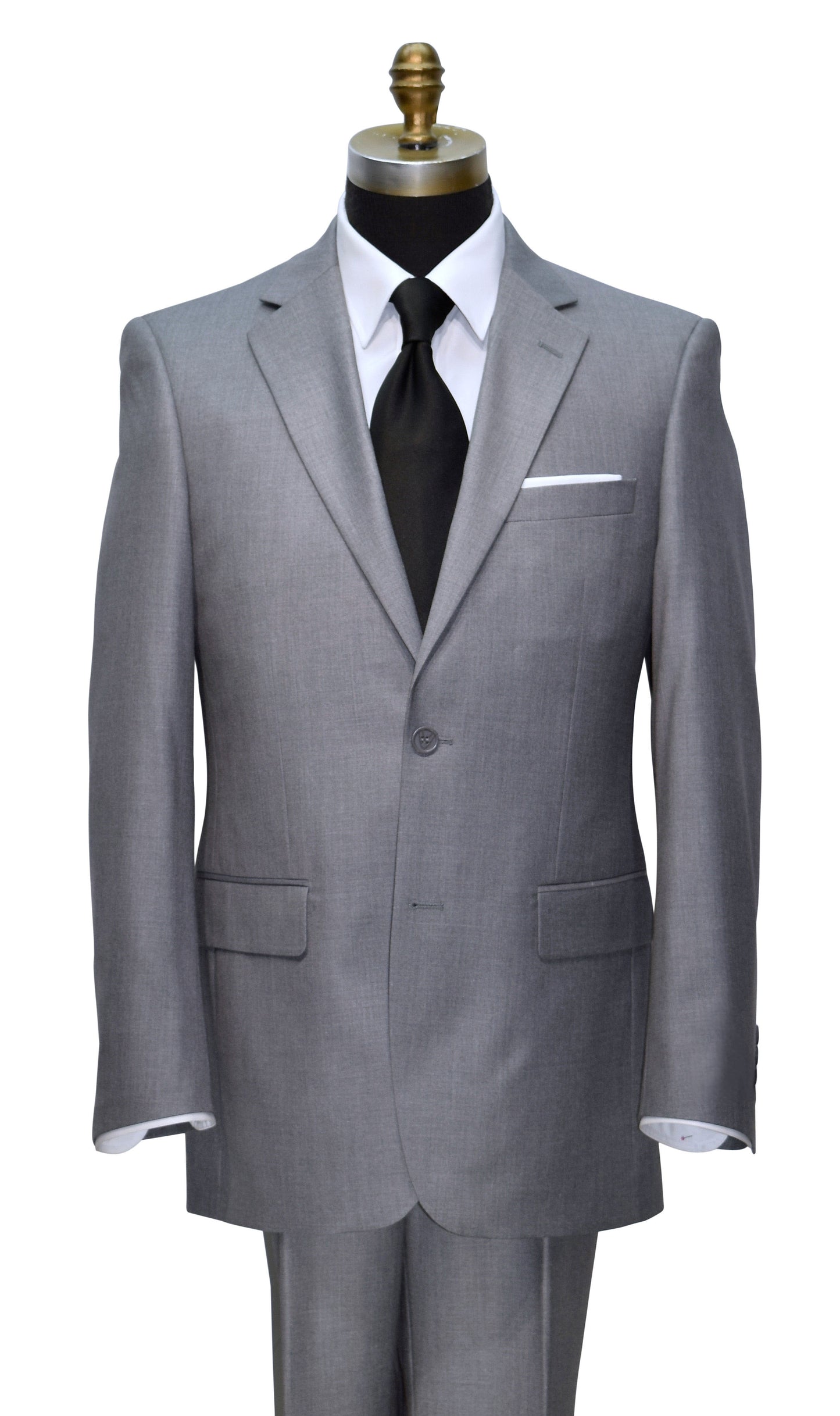 close up mannequin wearing a light gray men's suit with a long black dress tie