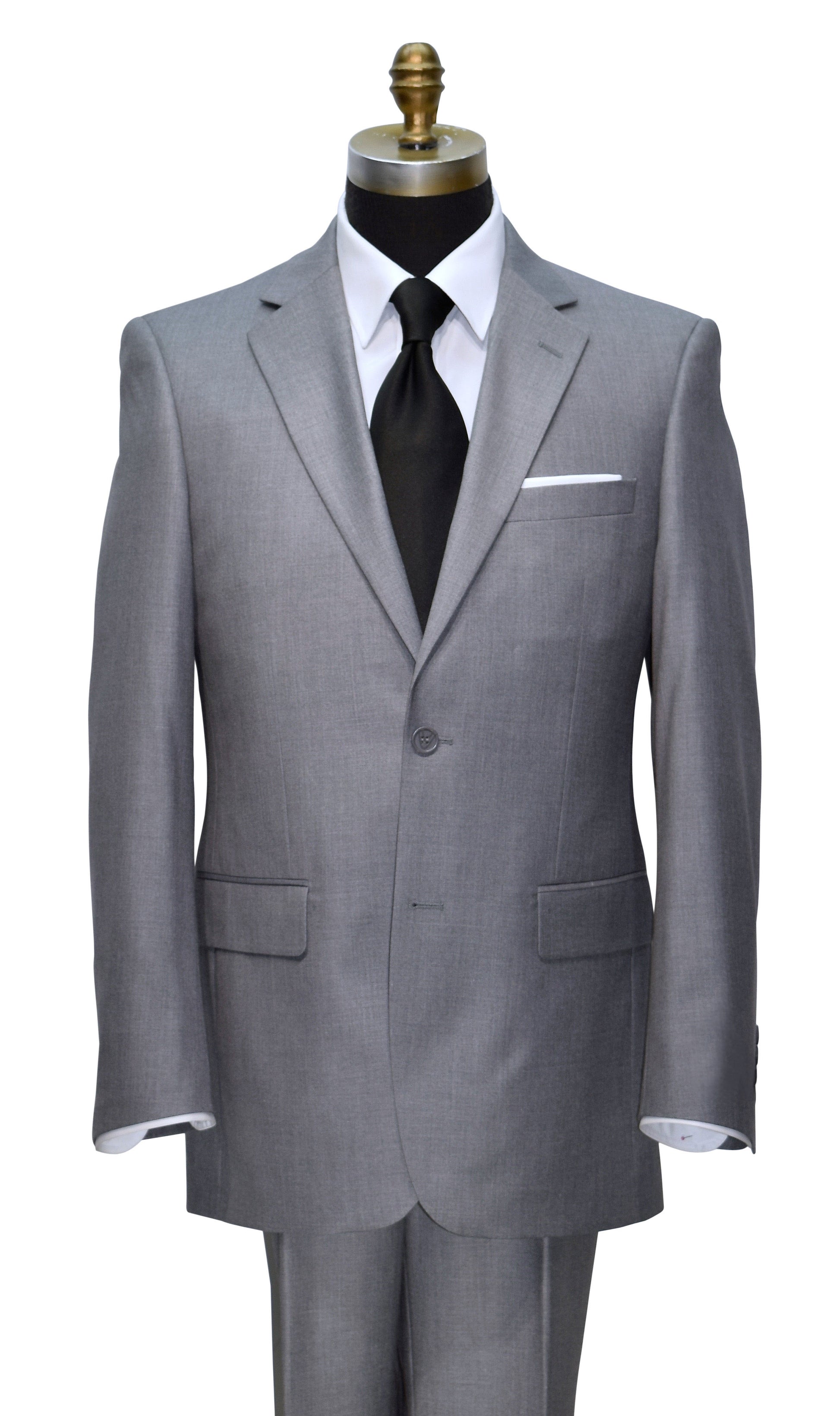 close up mannequin wearing a light gray men's suit with a long black dress tie