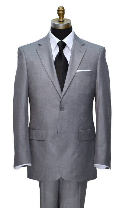 close up mannequin wearing a light gray men's suit with a long black dress tie