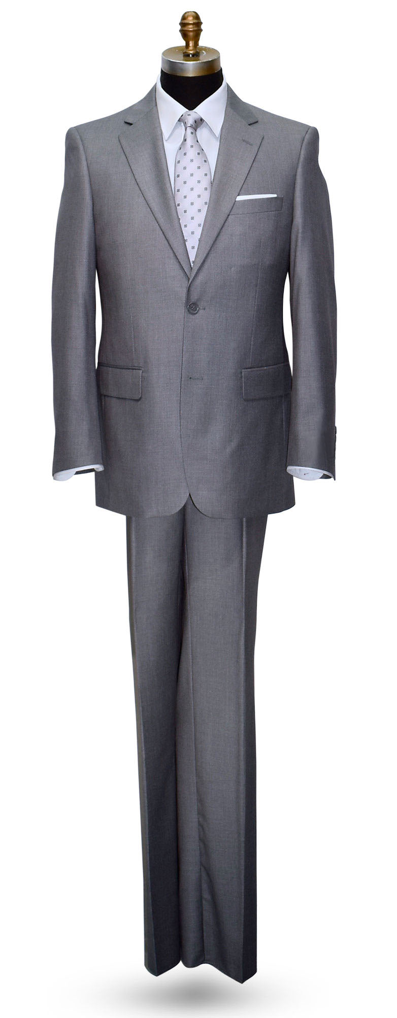 men's Gray suit on a mannequin against a white background with a gray dress tie