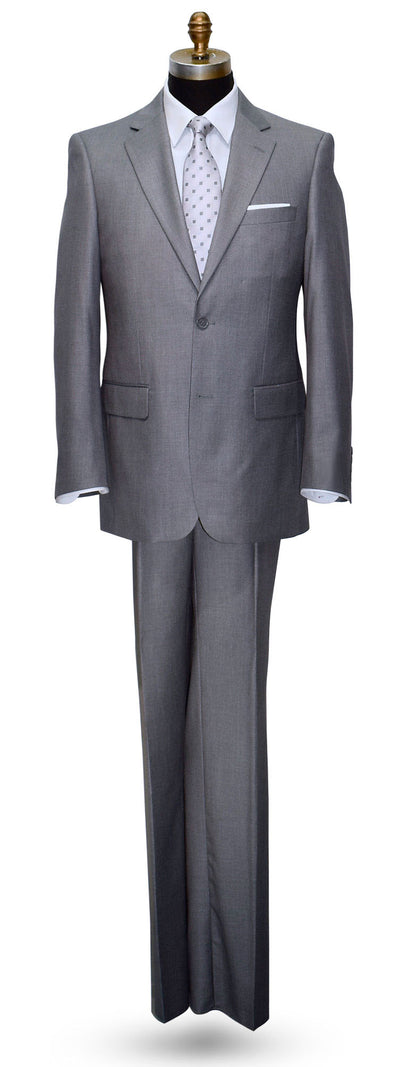 men's Gray suit on a mannequin against a white background with a gray dress tie