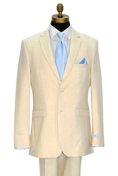 close-up of mannequin wearing a mans off-white linen look suit with a baby blue necktie against a white background.