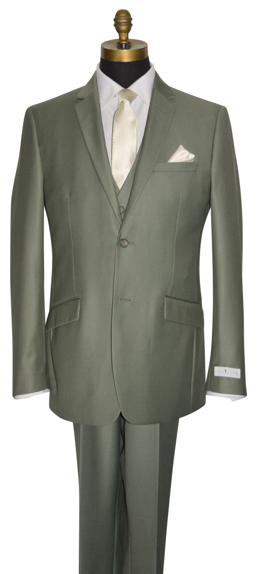 close-up life size mannequin wearing sage colored men's 3 piece suit with an ivory necktie against a white background