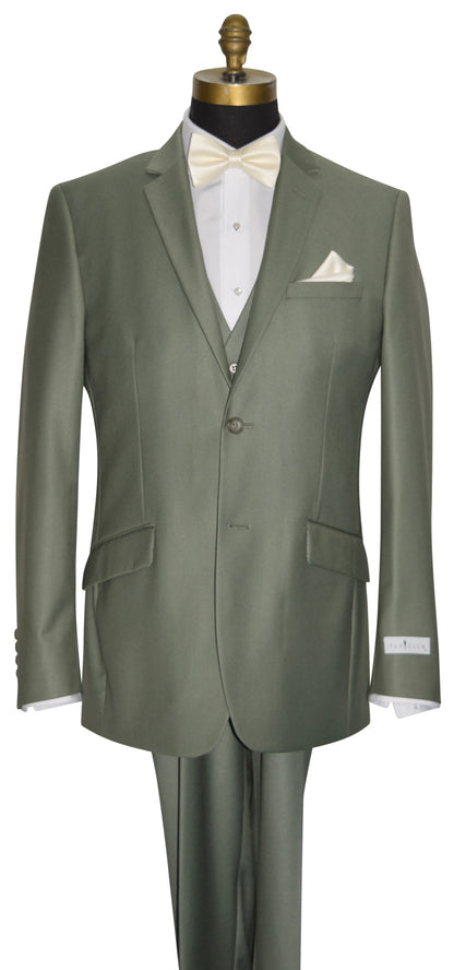 close-up life size mannequin wearing a sage colored men's 3 piece suit with an ivory bowtie against a white background