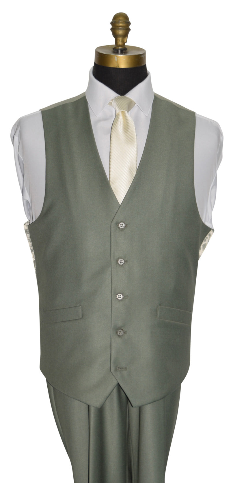 close-up Sage green vest with matching pants on a mannequin against a white background