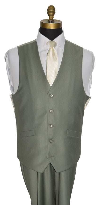 close-up Sage green vest with matching pants on a mannequin against a white background