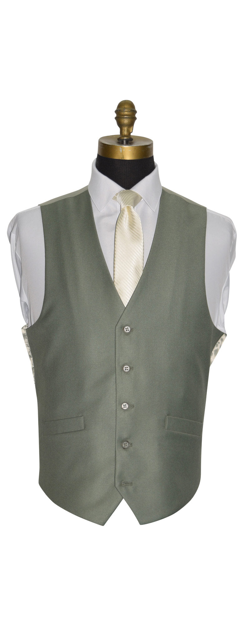Sage green vest with a white shirt and tie on a mannequin against a white background