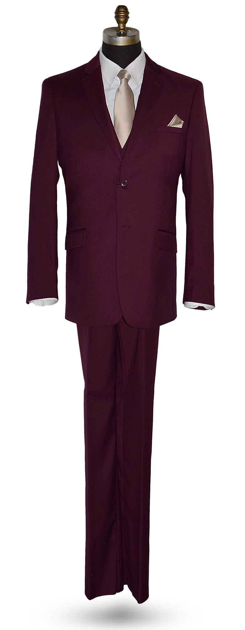 life size mannequin wearing a burgundy 3-piece suit with a white dress shirt and a tan necktie and pocket handkerchief in front of a white background