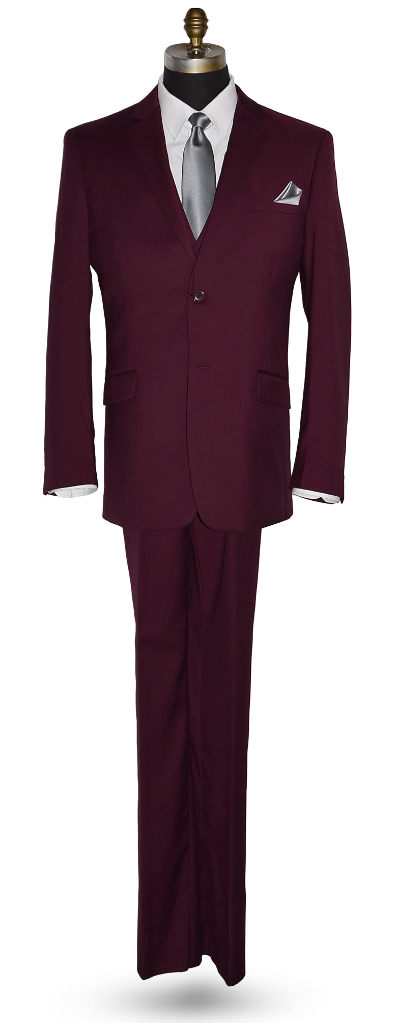 life size mannequin wearing a burgundy 3-piece suit with a white dress shirt and a gray necktie in front of a white background
