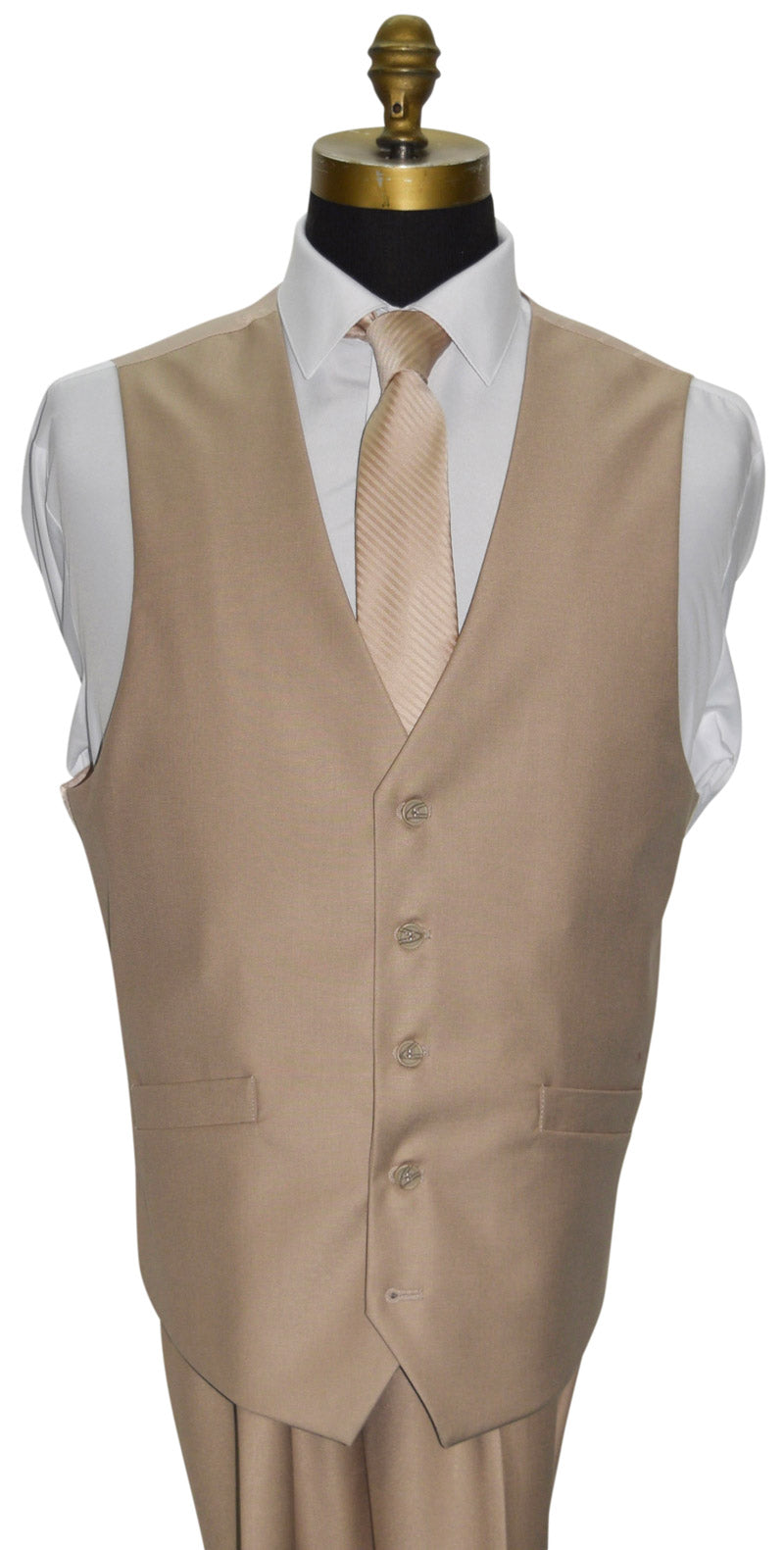 mannequin wearing a men's tan vest with champagne colored necktie that matches the tan mens suit