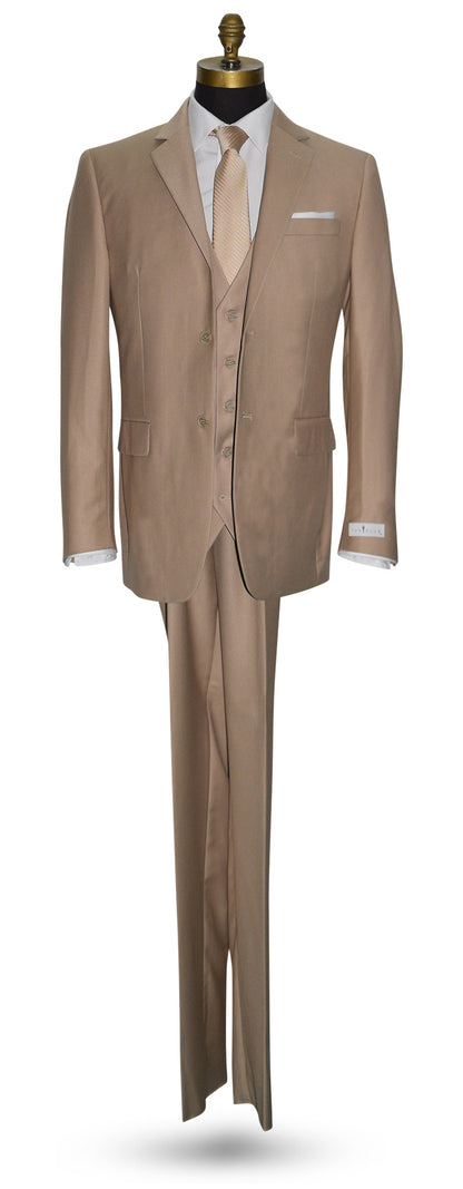 mens tan 3-piece tan suit with tan vest and champagne necktie and white pocket handkerchief against a white background