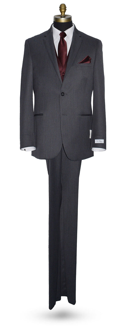 life-size mannequin wearing a Gray wedding suit with merlot vest and merlot bow tie against a white background