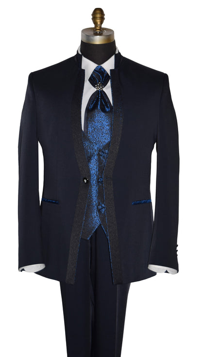 Navy blue nehru tuxedo with a blue vest on a mannequin against a white background