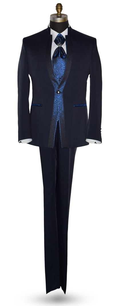Navy blue nehru tuxedo suit with a matching vest on a mannequin against a white background