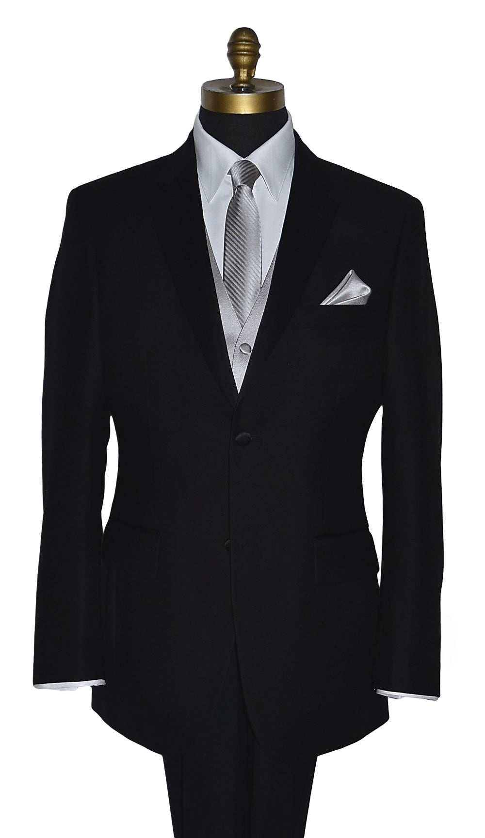 Black suit jacket with a white shirt and moonlight-gray vest with a striped moonlight-gray necktie and pocket handkerchief on a mannequin against a white background