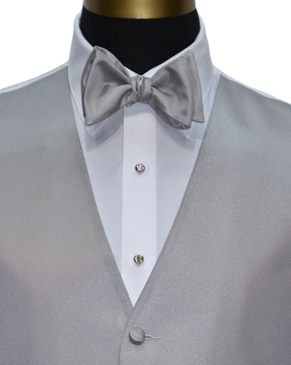close-up front view Moonlight gray tuxedo vest and moonlight gray "tie-yourself" bowtie with cubic zirconia studs and cufflinks on a mannequin against a white background