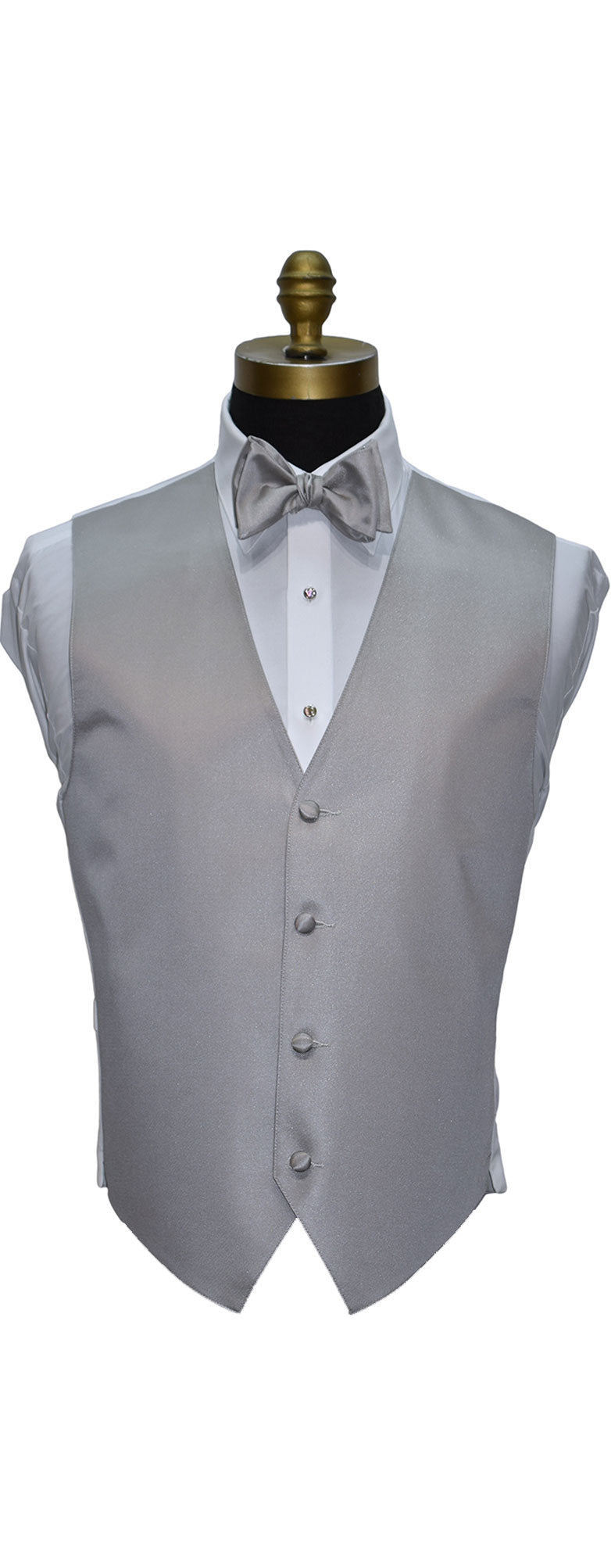Moonlight gray tuxedo vest and moonlight gray "tie-yourself" bowtie on a mannequin against a white background