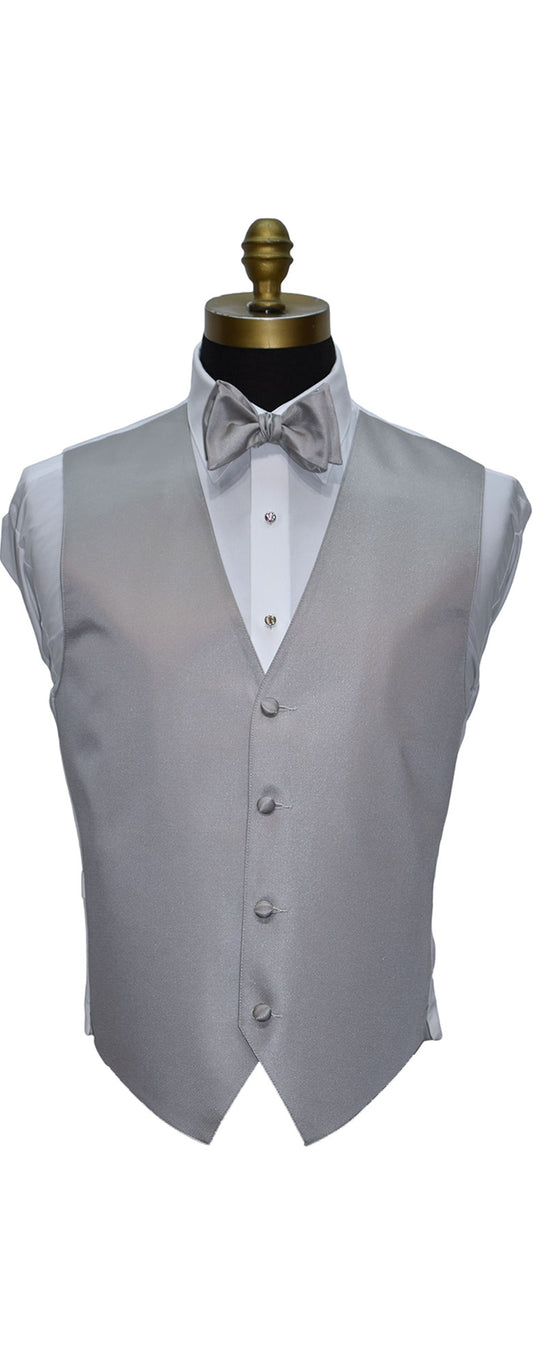 Moonlight gray tuxedo vest and moonlight gray "tie-yourself" bowtie on a mannequin against a white background