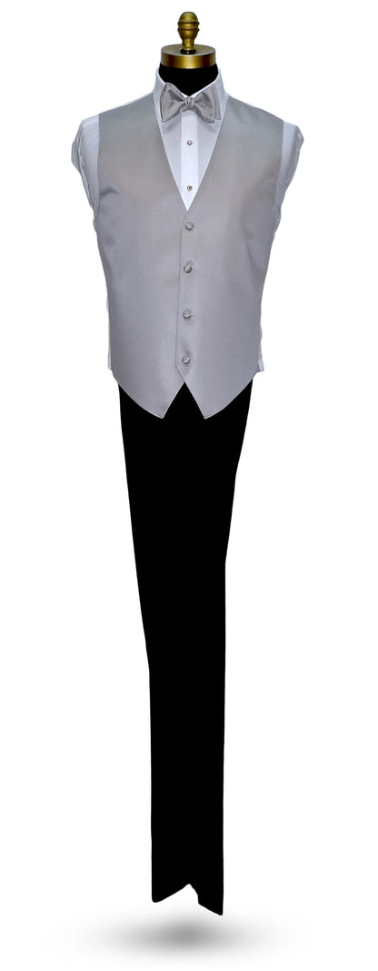 life-size mannequin wearing a white dress shirt with a moonlight-gray "tie-yourself" bowtie and a moonlight-gray tuxedo vest with black tuxedo pants against a white background