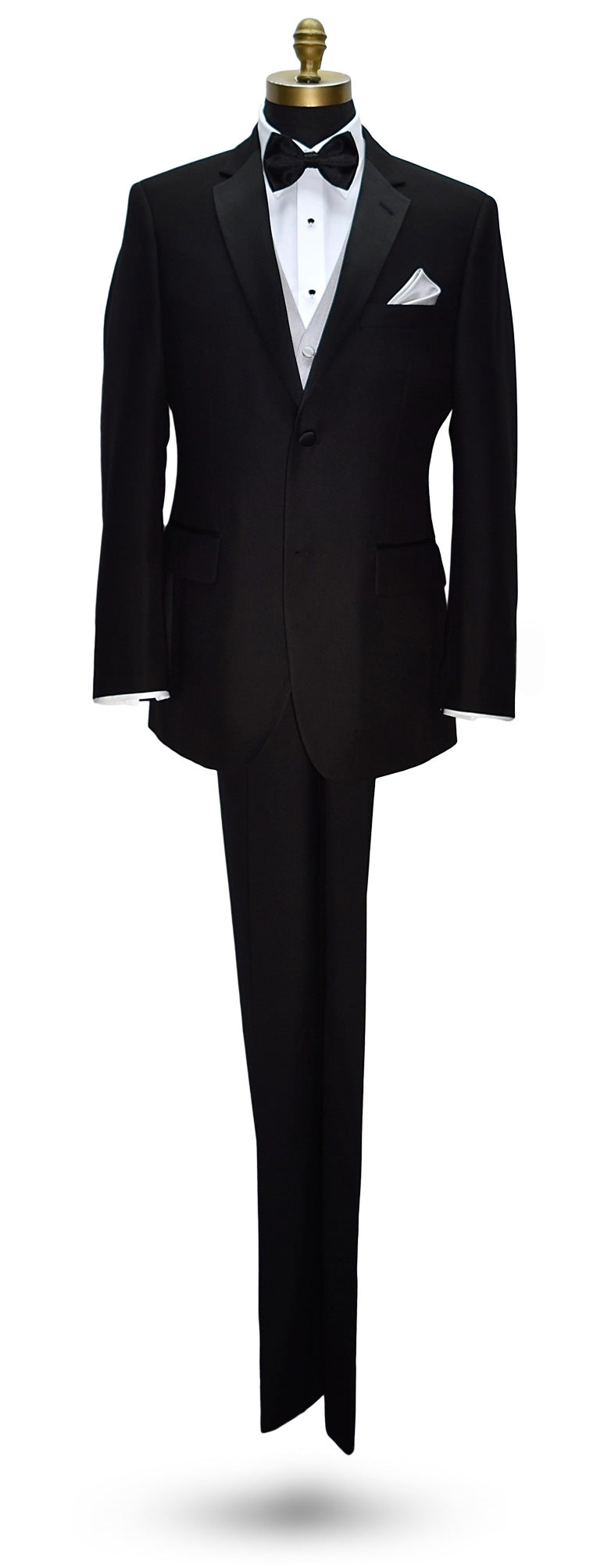 life-size mannequin wearing a Black notch-lapel tuxedo with white dress shirt and moonlight tuxedo vest with a black "pre-tied" bow tie and pocket handkerchief on a mannequin against a white background