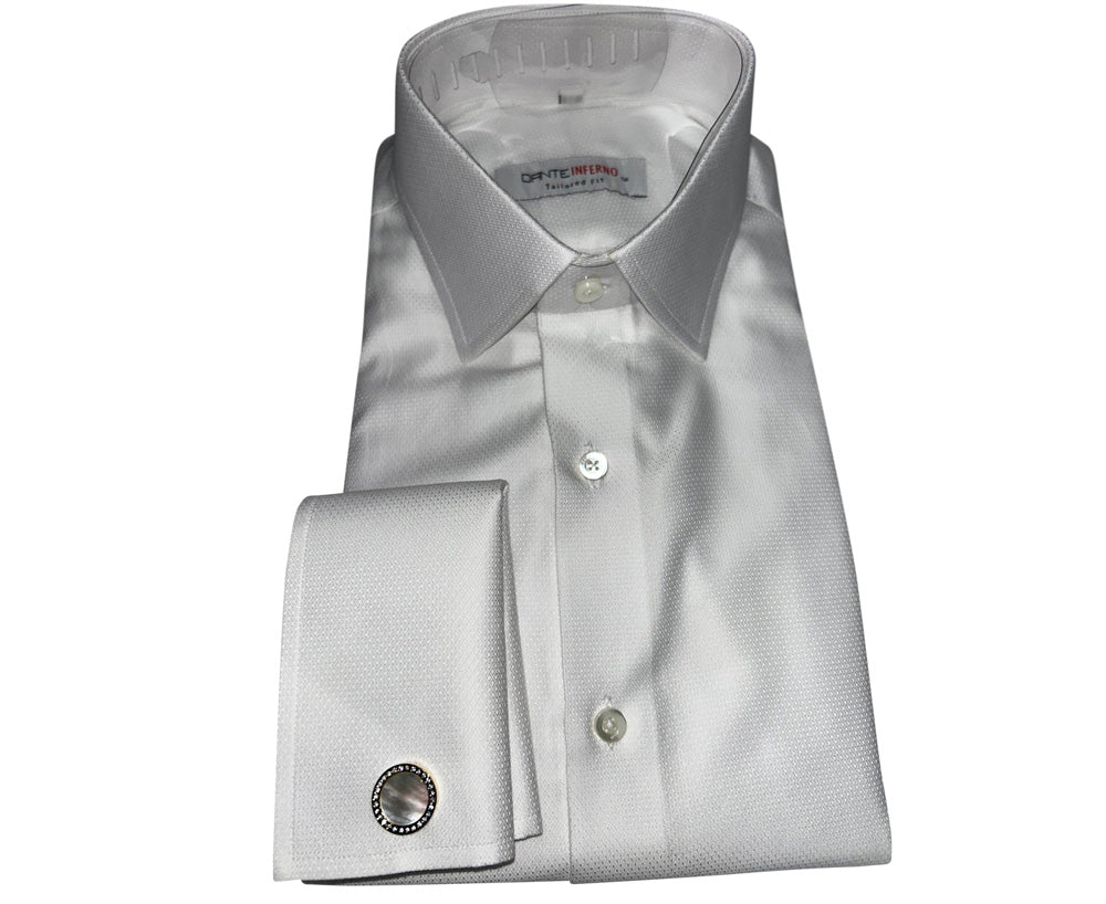 a white "Dante Inferno" branded tuxedo shirt displaying mother-of-pearl cufflinks in gold setting