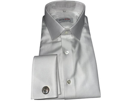 a white "Dante Inferno" branded tuxedo shirt displaying mother-of-pearl cufflinks in gold setting