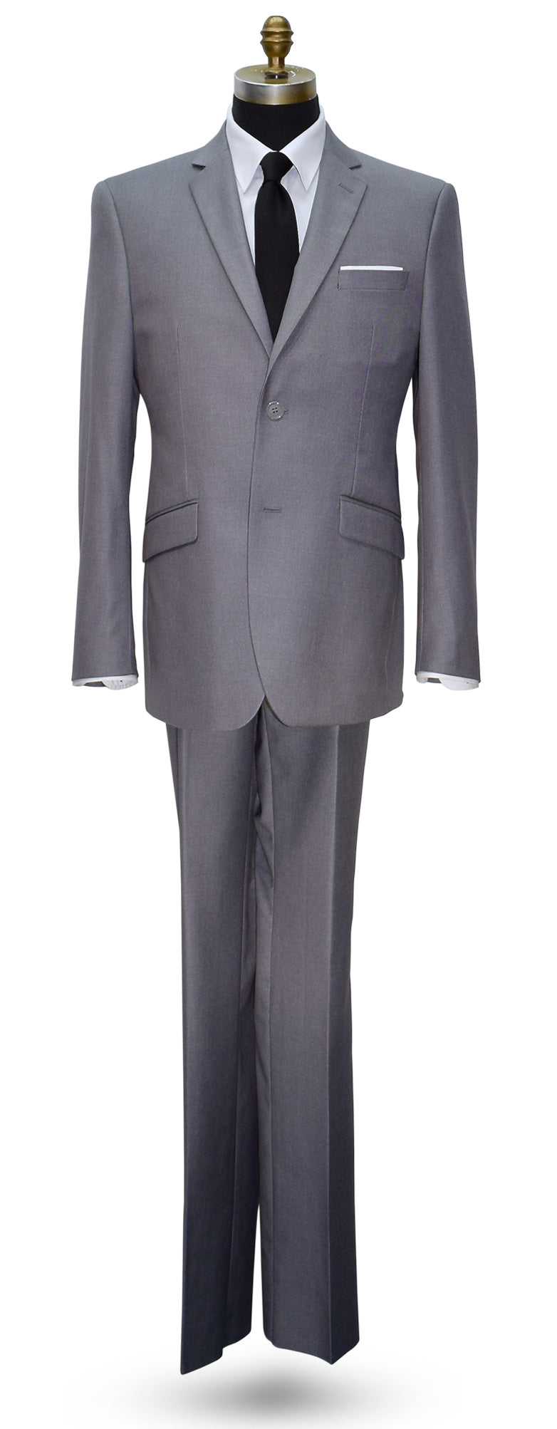 napa gray suit on a mannequin with a long black skinny necktie against a white background
