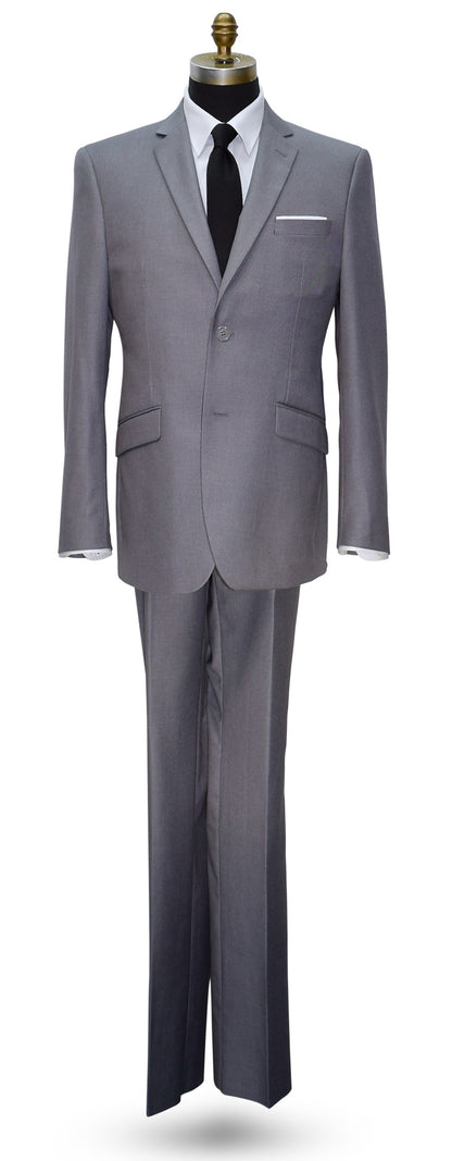 napa gray suit on a mannequin with a long black skinny necktie against a white background