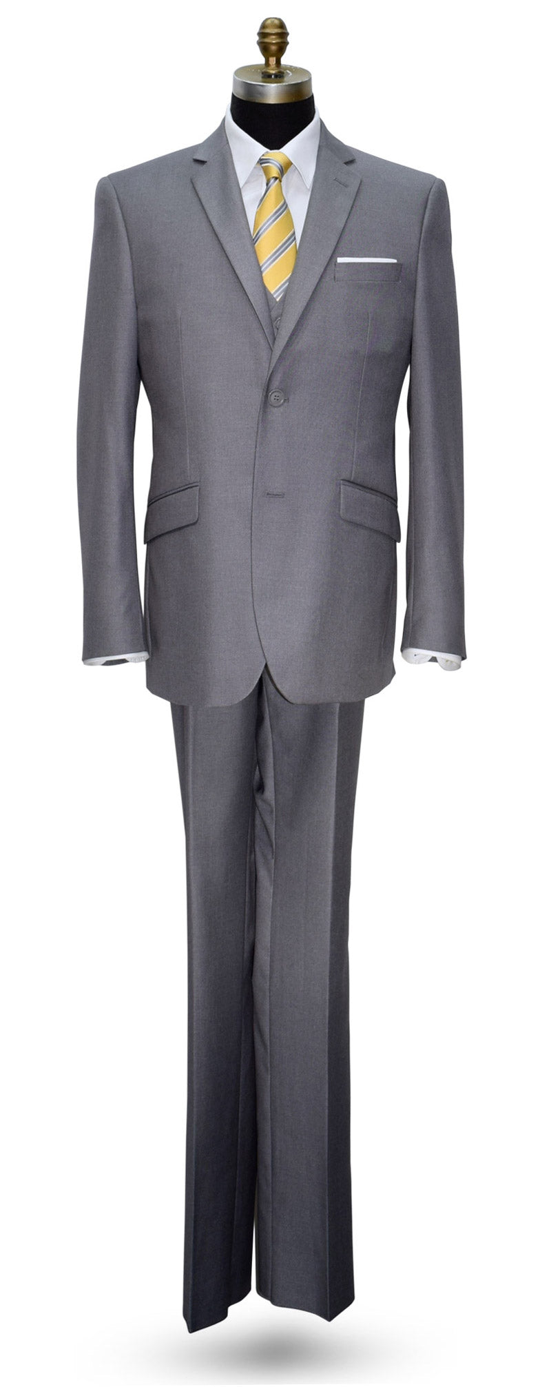 napa gray 3-piece suit with a yellow tie on a white background