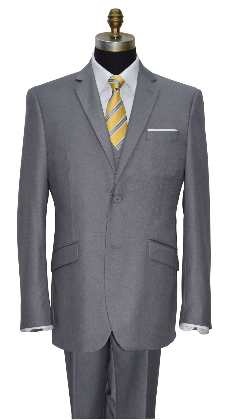 close-up napa gray 3-piece suit with a yellow tie on a white background