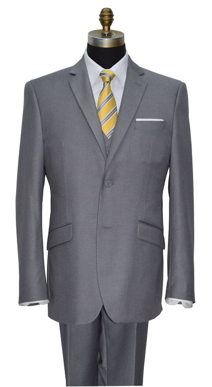 close-up napa gray 3-piece suit with a yellow tie on a white background