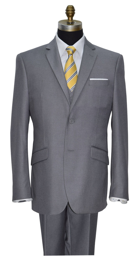 close-up napa gray 3-piece suit with a yellow tie on a white background
