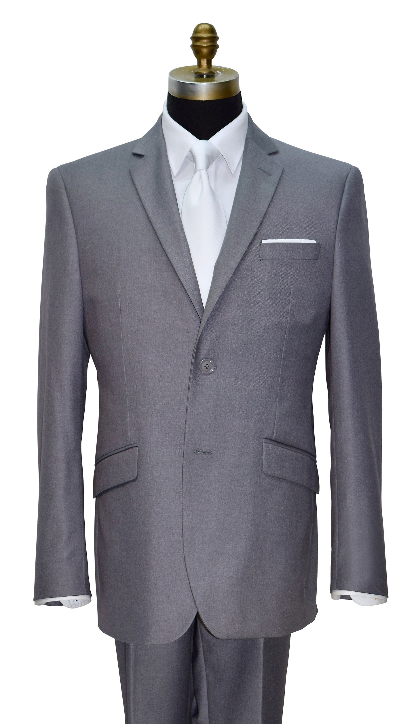 napa gray mens suit wearing a long white satin necktie against a white background