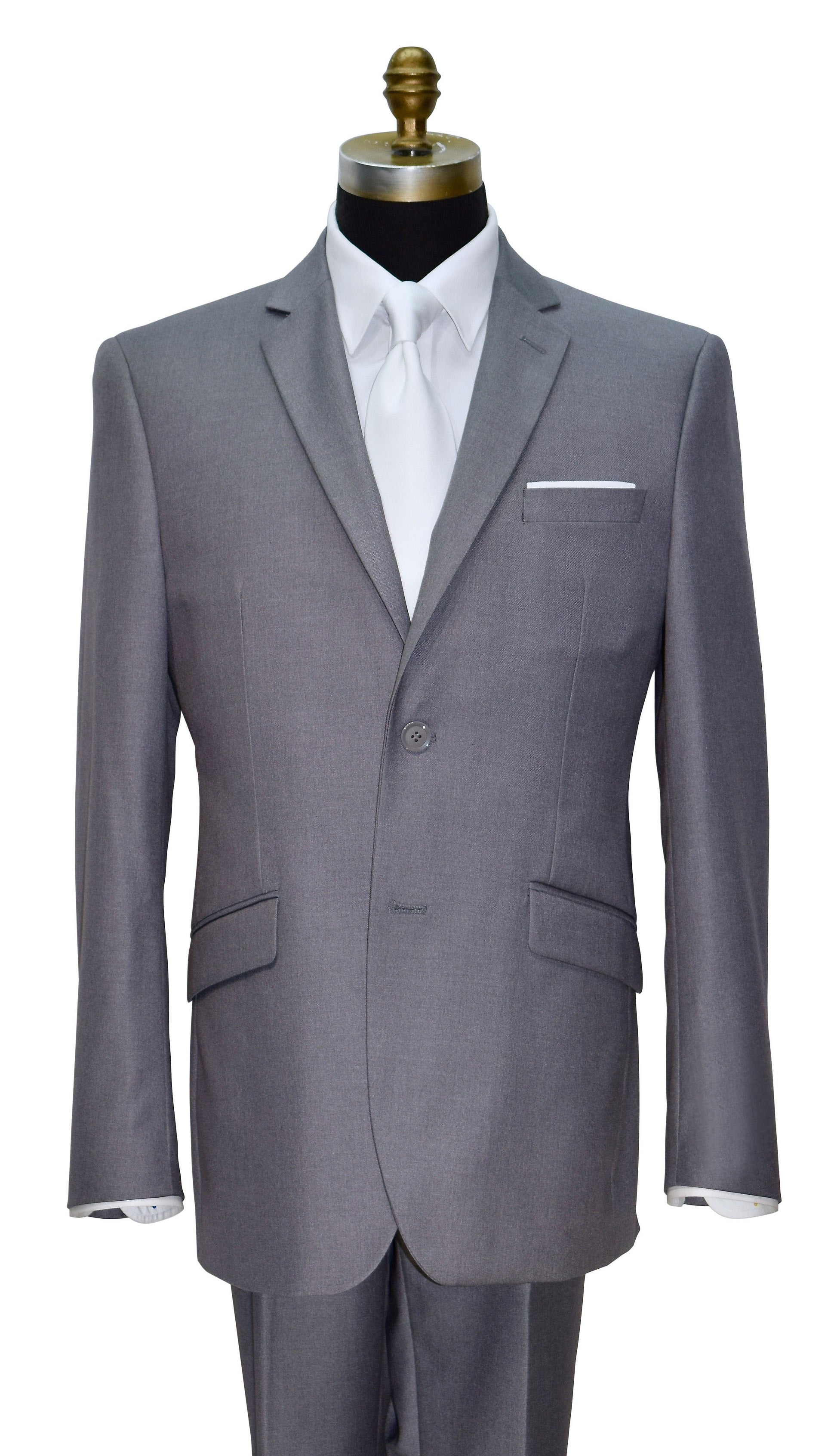 napa gray mens suit wearing a long white satin necktie against a white background