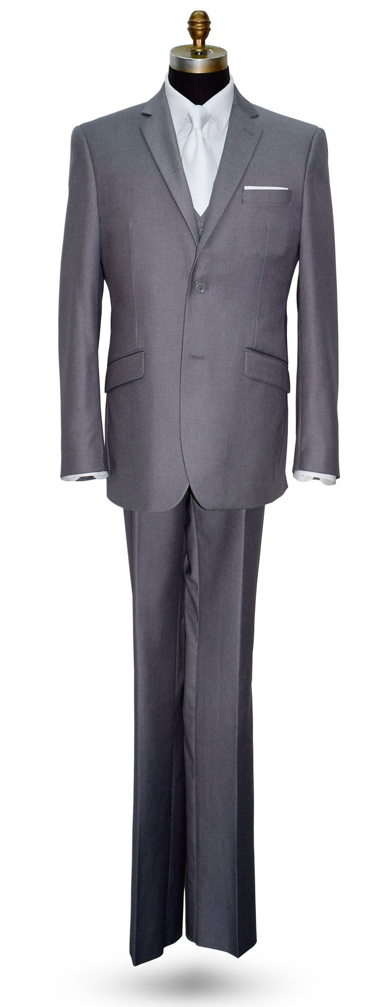 life size mannequin wearing a medium gray 3 piece suit with a long white satin necktie against a white background