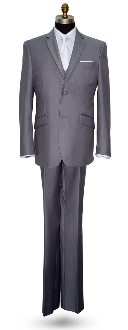 life size mannequin wearing a medium gray 3 piece suit with a long white satin necktie against a white background