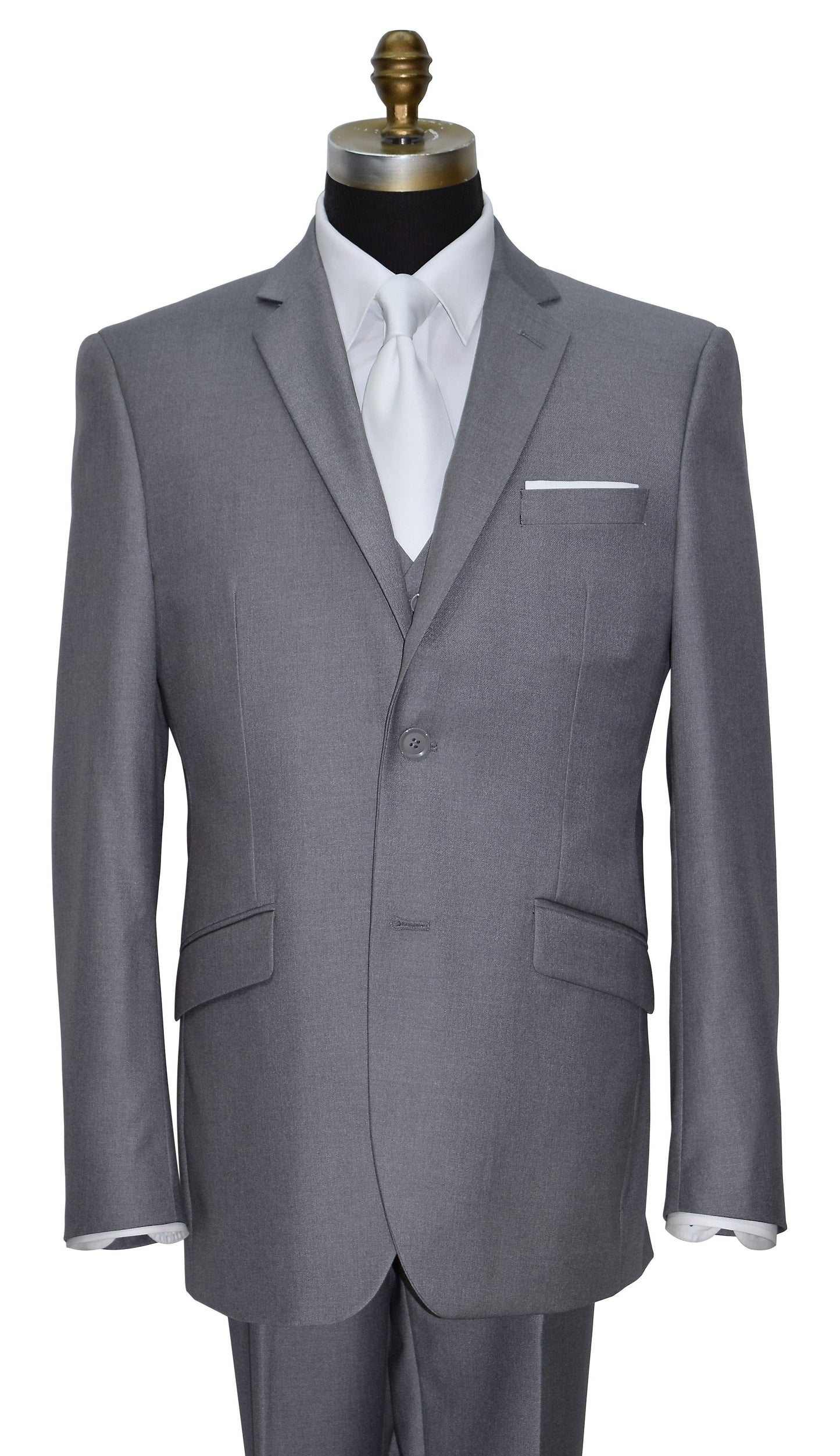 close-up life size mannequin wearing a medium gray 3 piece suit with a long white satin necktie against a white background