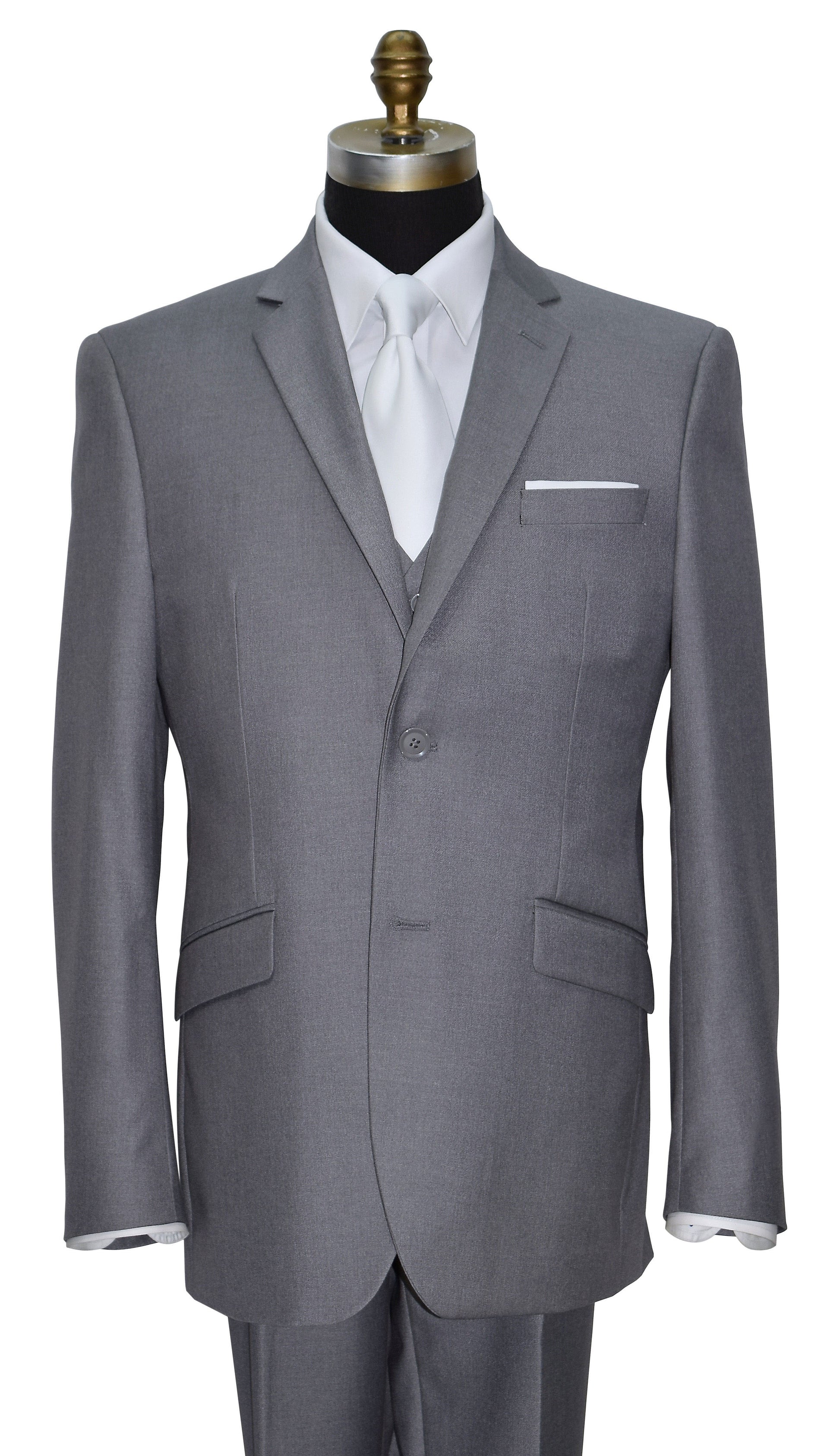 close-up life size mannequin wearing a medium gray 3 piece suit with a long white satin necktie against a white background