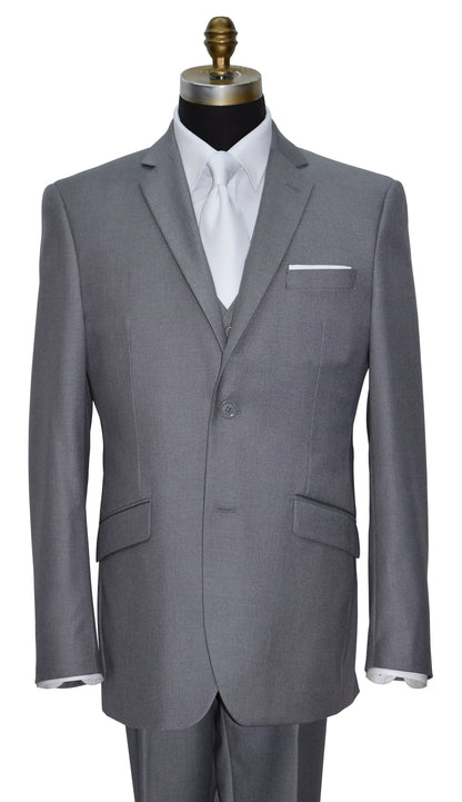 close-up life size mannequin wearing a medium gray 3 piece suit with a long white satin necktie against a white background