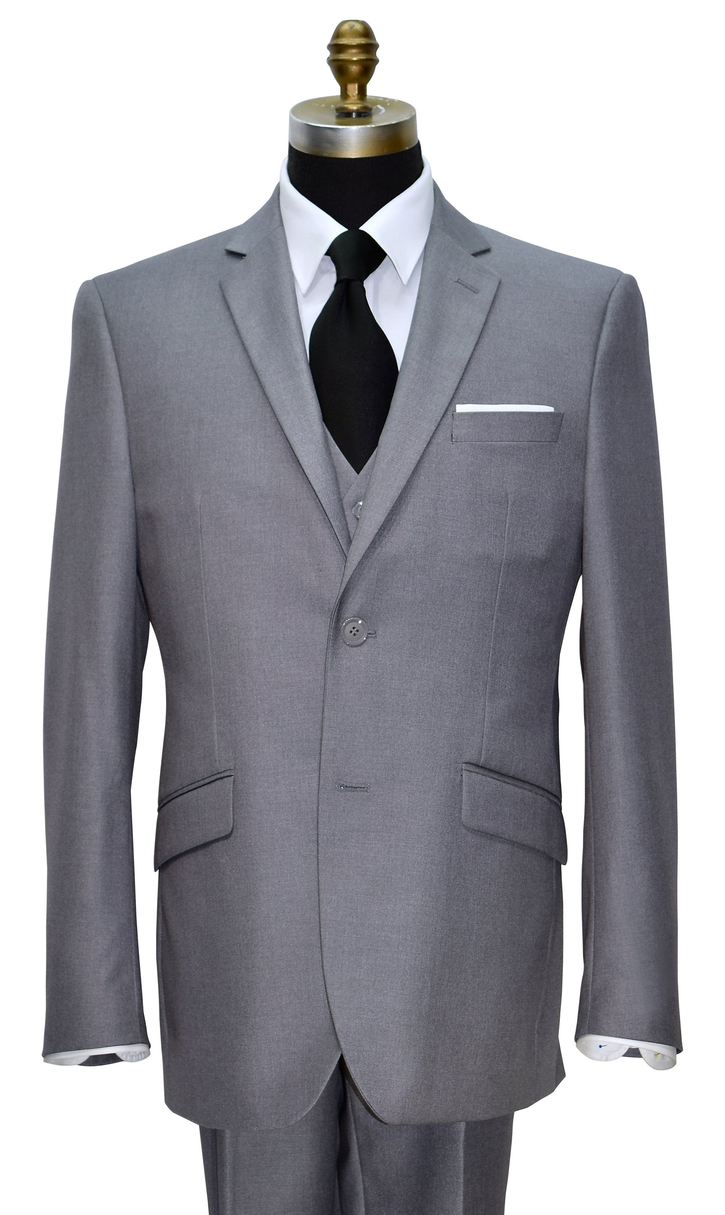 close-up life size mannequin wearing a medium gray 3 piece suit with a long black necktie against a white background
