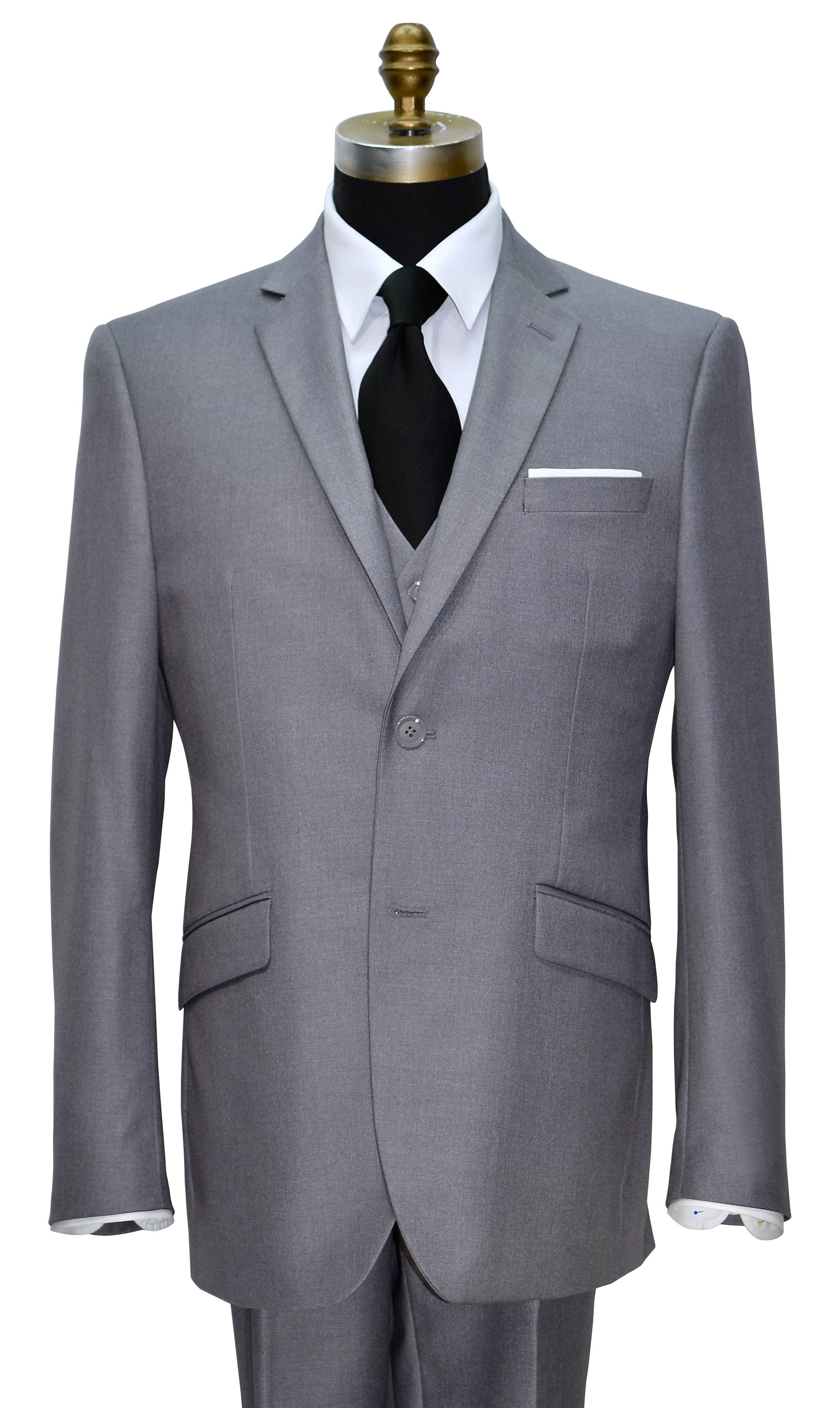 close-up life size mannequin wearing a medium gray 3 piece suit with a long black necktie against a white background