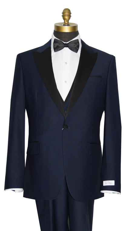 close-up Navy blue tuxedo with black lapels and black bowtie on a mannequin against a white background