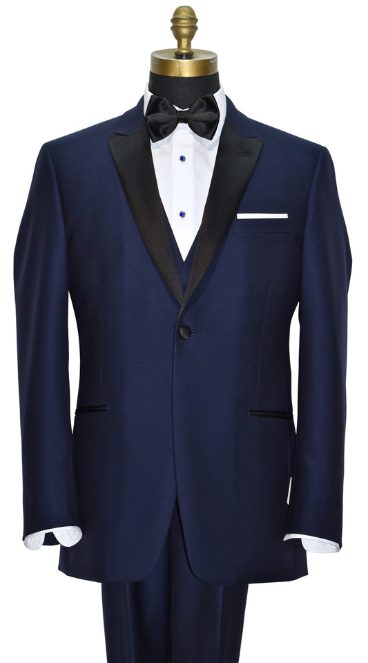 Navy blue tuxedo with black lapels with a black satin bowtie by tuxclub on a mannequin against a white background.
