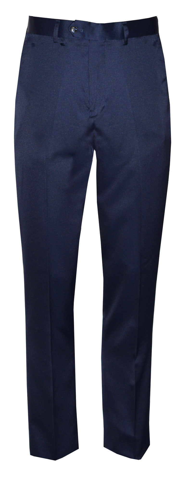 Navy blue slim fit satin pants on a white background