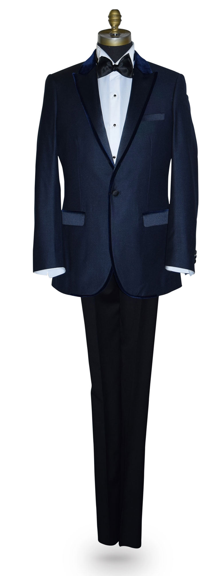 Navy blue tuxedo with navy blue velvet trim on a mannequin against a white background
