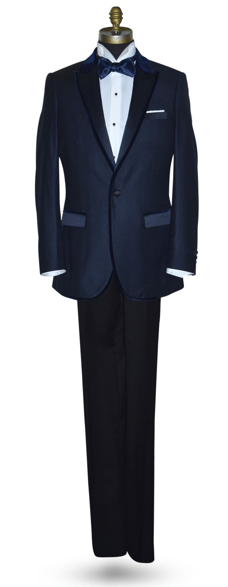 Navy blue tuxedo jacket with navy blue velvet trim on a mannequin against a white background