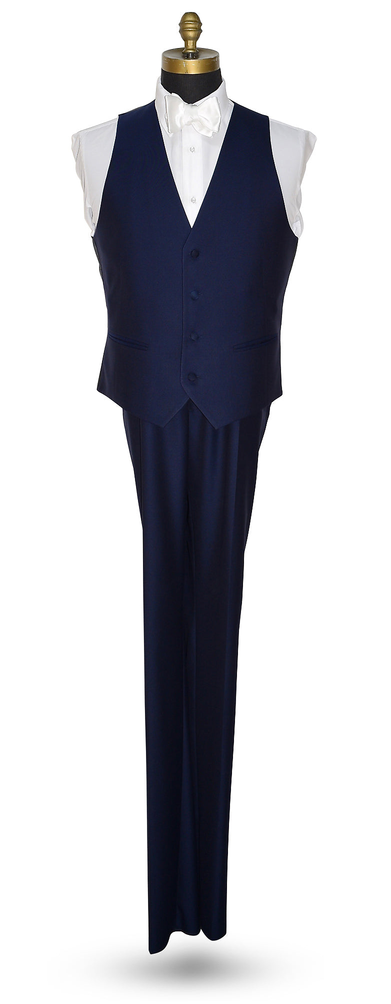 Navy blue tuxedo vest and pants on a mannequin against a white background